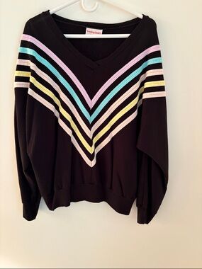 Black V-Neck Chevron Stripe Sweater with Pastel Accents by
